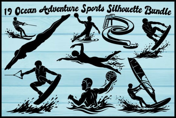 19 Ocean Adventure Sports Silhouette Set: Graphics