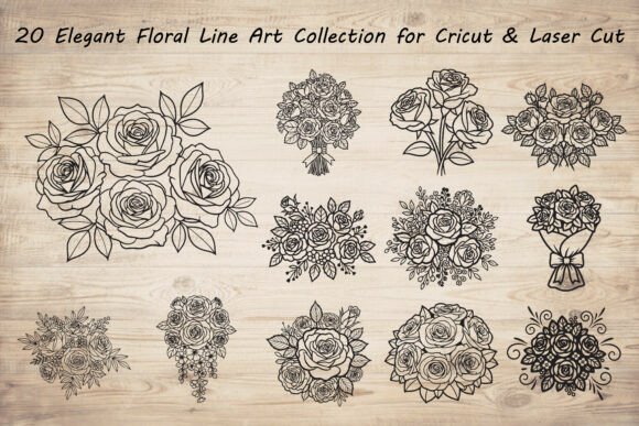 20 Elegant Floral Line Art Bundle for Graphics & Crafts