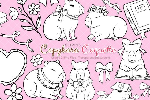 Capybara Coquette Bookish Stamps for Graphics & Illustrations