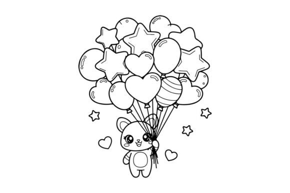 Cute Bear with Heart Balloons: Graphics & Illustrations