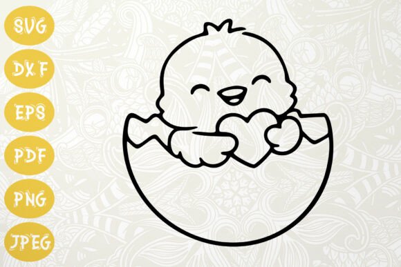 Cute Chick with Heart SVG Easter Outline Illustrations