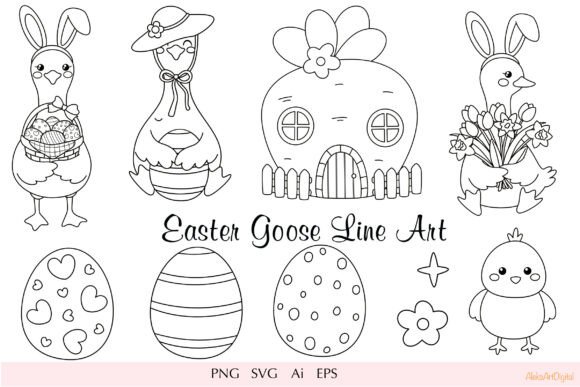 Cute Easter Goose Line Art Clipart Set: Graphics & Illustrations