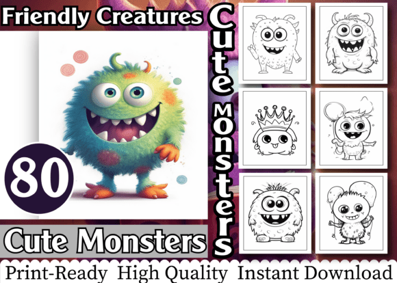 Cute Monsters Friendly Creatures: Graphics & Coloring Pages