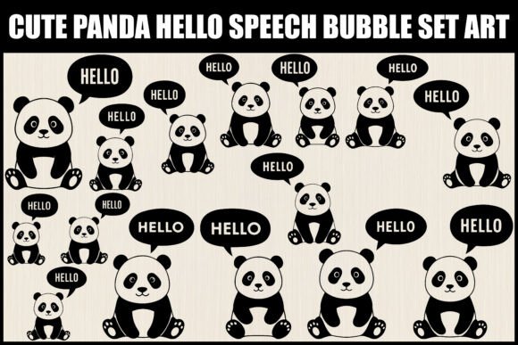 Cute Panda Hello Speech Bubble Set Art: Graphics & Illustrations