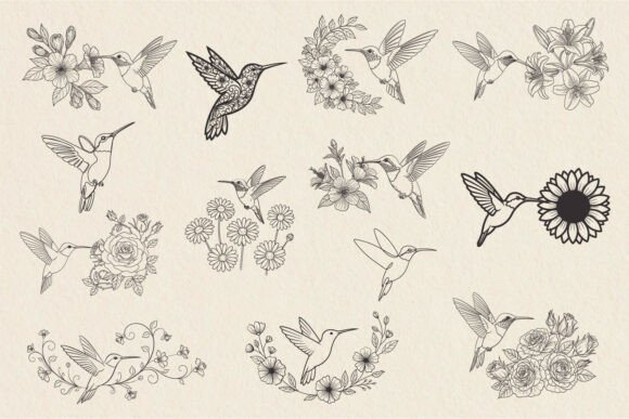Hummingbird Flowers Line Art SVG Bundle: Crafts & Graphics