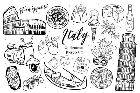 Italy Vacation Hand-Drawn Line Art: Graphics & Illustrations