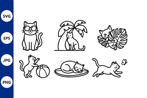 Playful Cat Line Art Set with Palm Tree