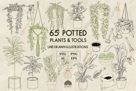 Potted Plants Line Art SVG PNG EPS