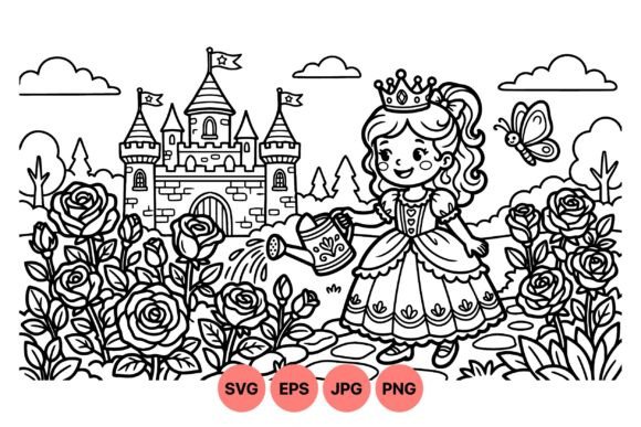Princess Garden Coloring Page: Charming Graphics for Illustrations