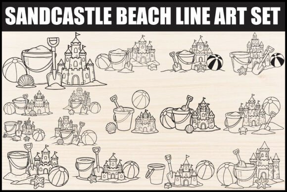 Sandcastle Beach Line Art Set: Summer Graphics & Illustrations